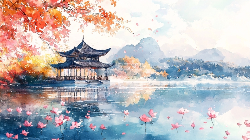 高清大图下载【趣麦麦图】水墨风亭台楼阁山水画意