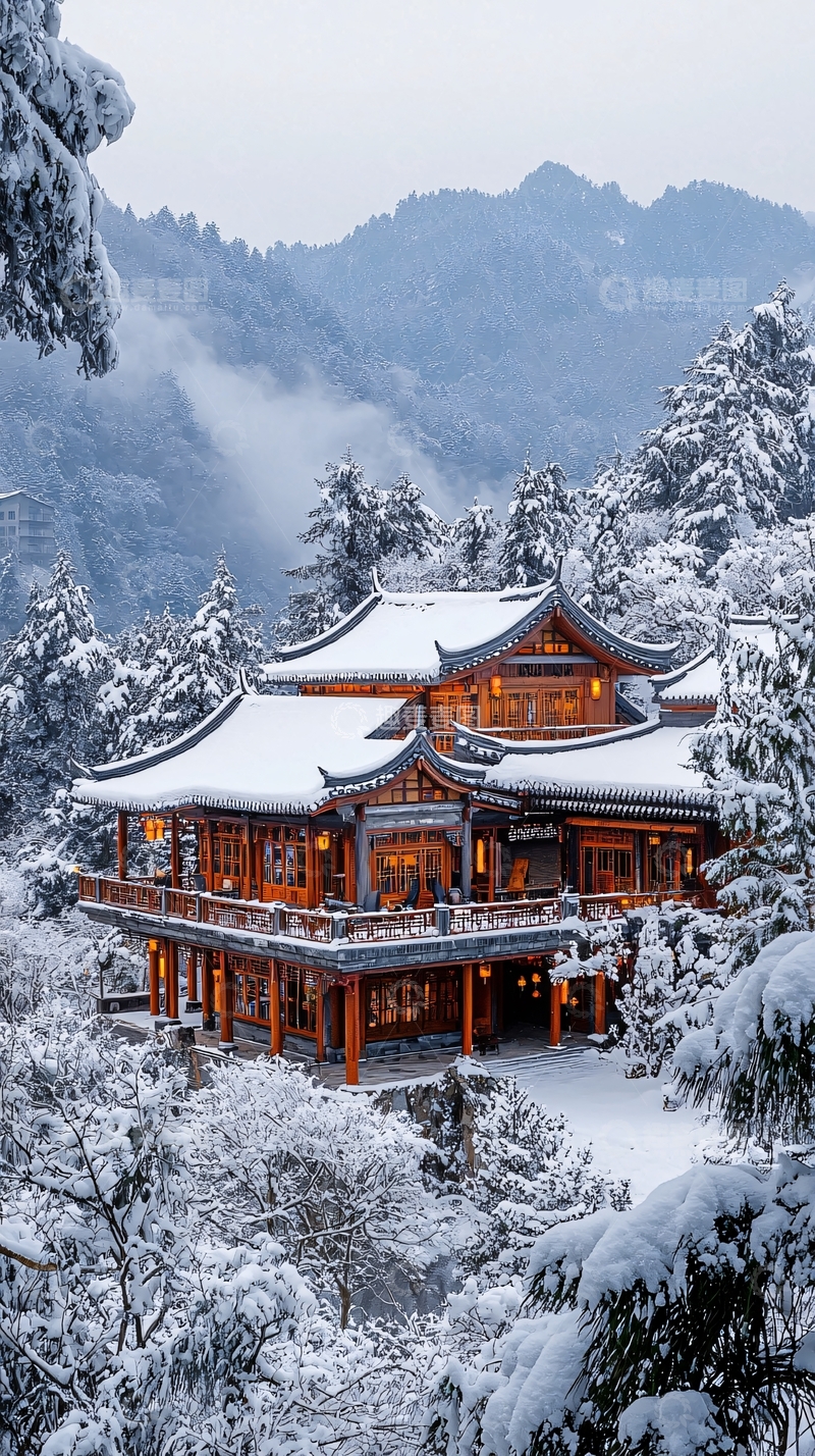 高清大图下载【趣麦麦图】雪山中的中国古建筑