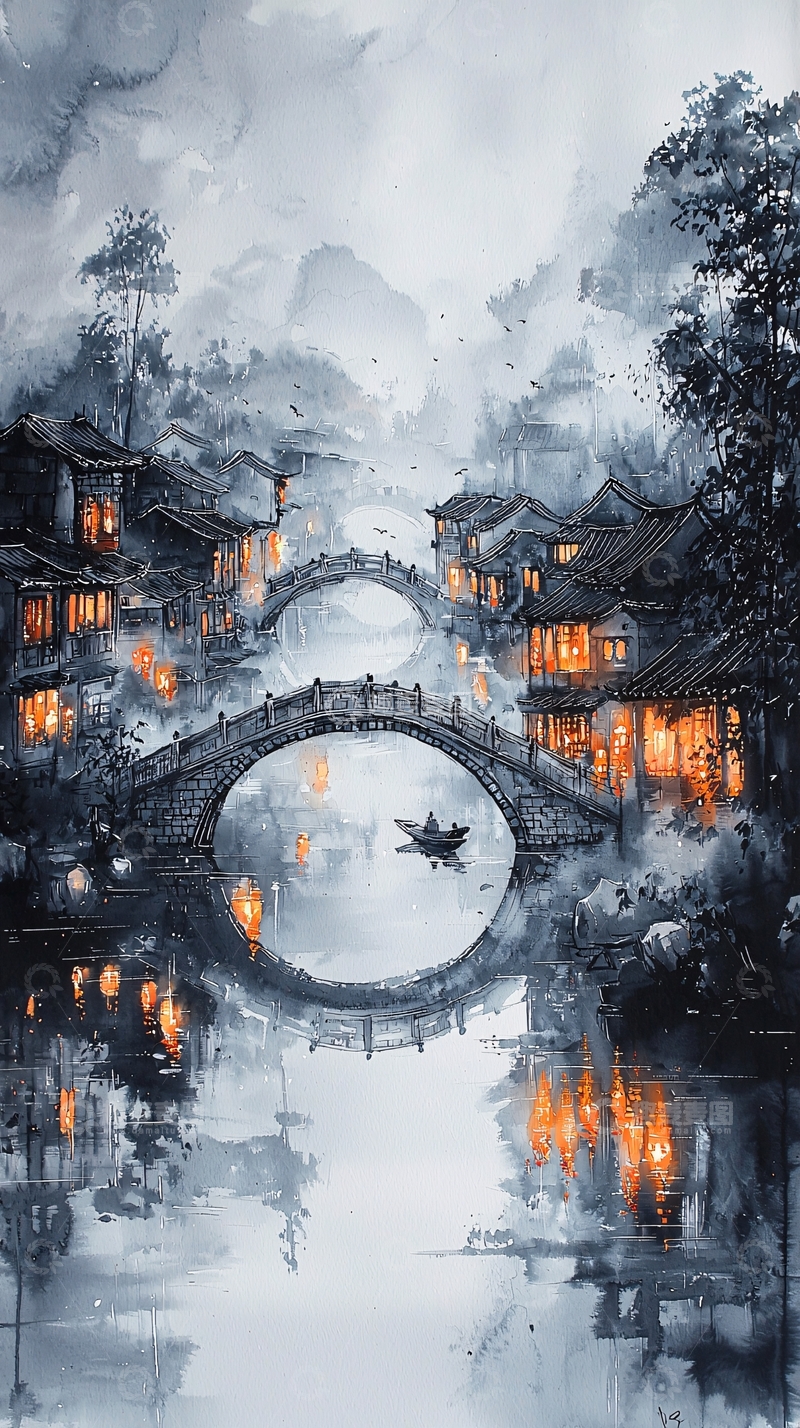 高清大图下载【趣麦麦图】水墨风小镇双桥夜景