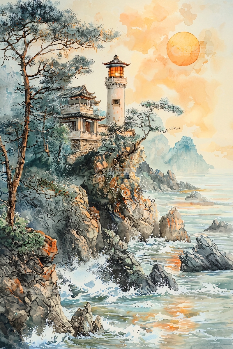 高清大图下载【趣麦麦图】海边灯塔中国风水彩画