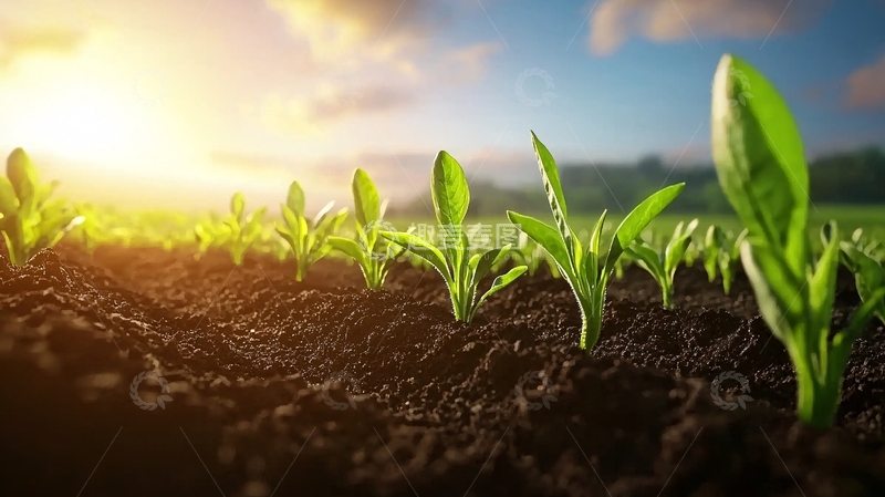 高清大图下载【趣麦麦图】日出时分田地里新生的嫩芽