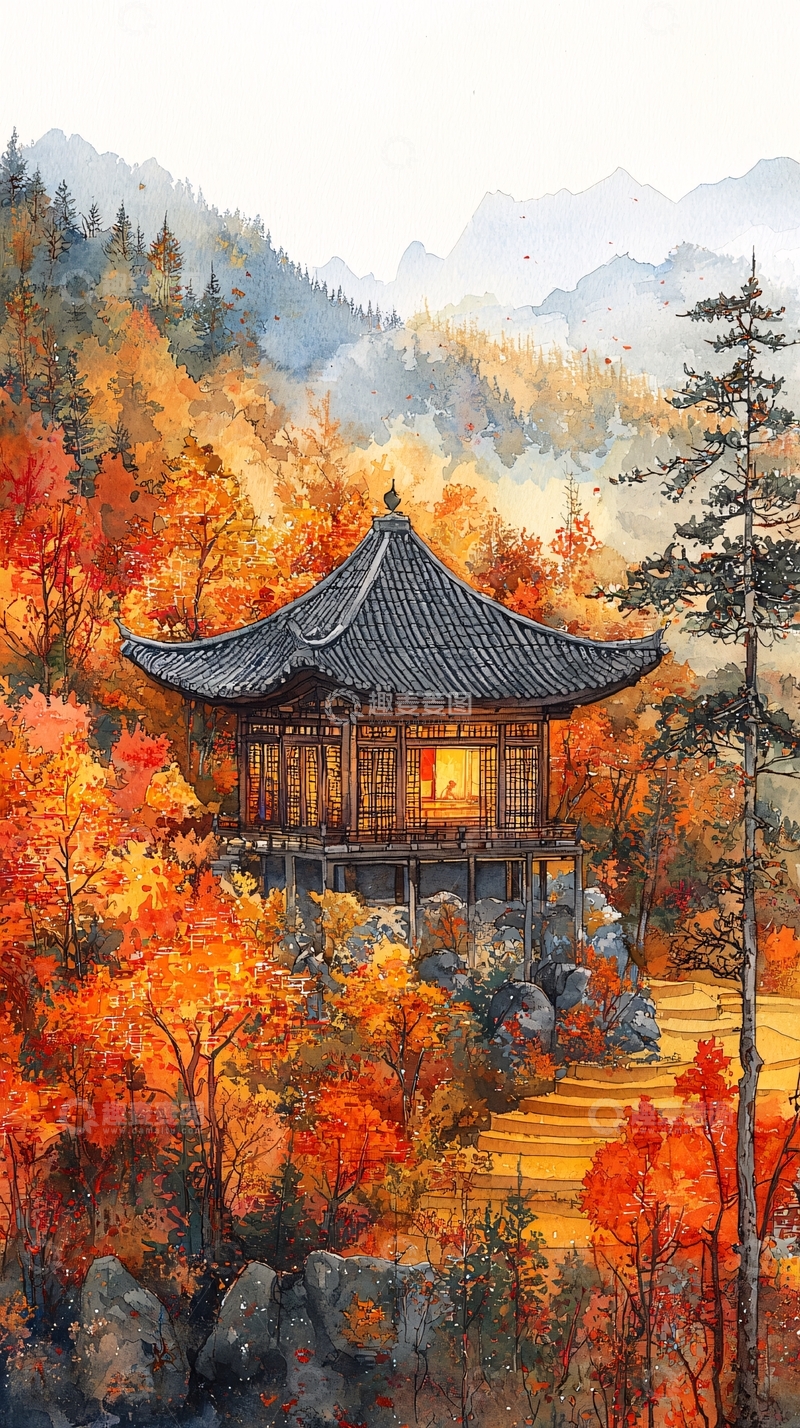 高清大图下载【趣麦麦图】秋日山间亭台楼阁