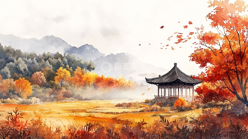 高清大图下载【趣麦麦图】秋日亭台水墨画风