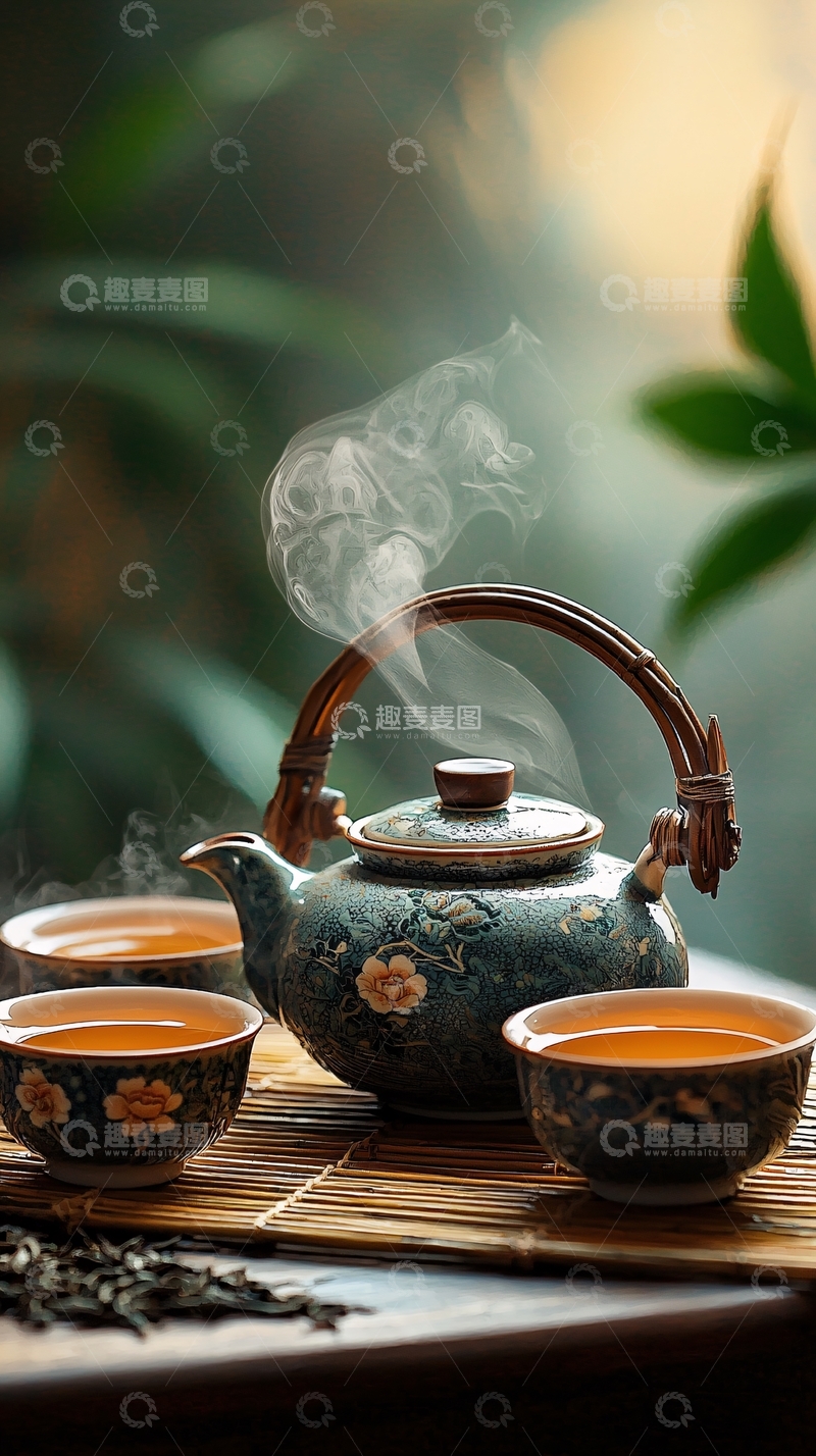 高清大图下载【趣麦麦图】热气腾腾的茶壶茶杯