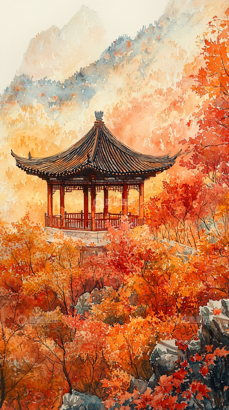 高清大图下载【趣麦麦图】秋日山景中式凉亭