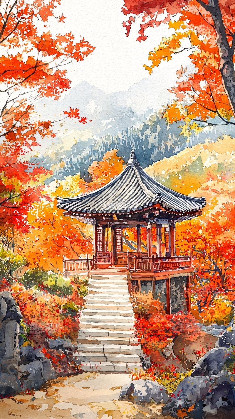 高清大图下载【趣麦麦图】秋日亭台山景水彩画