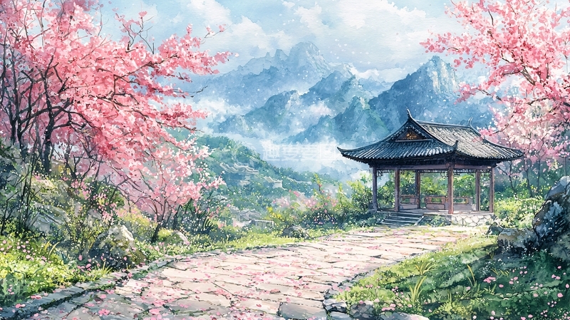 高清大图下载【趣麦麦图】樱花盛开山间凉亭美景