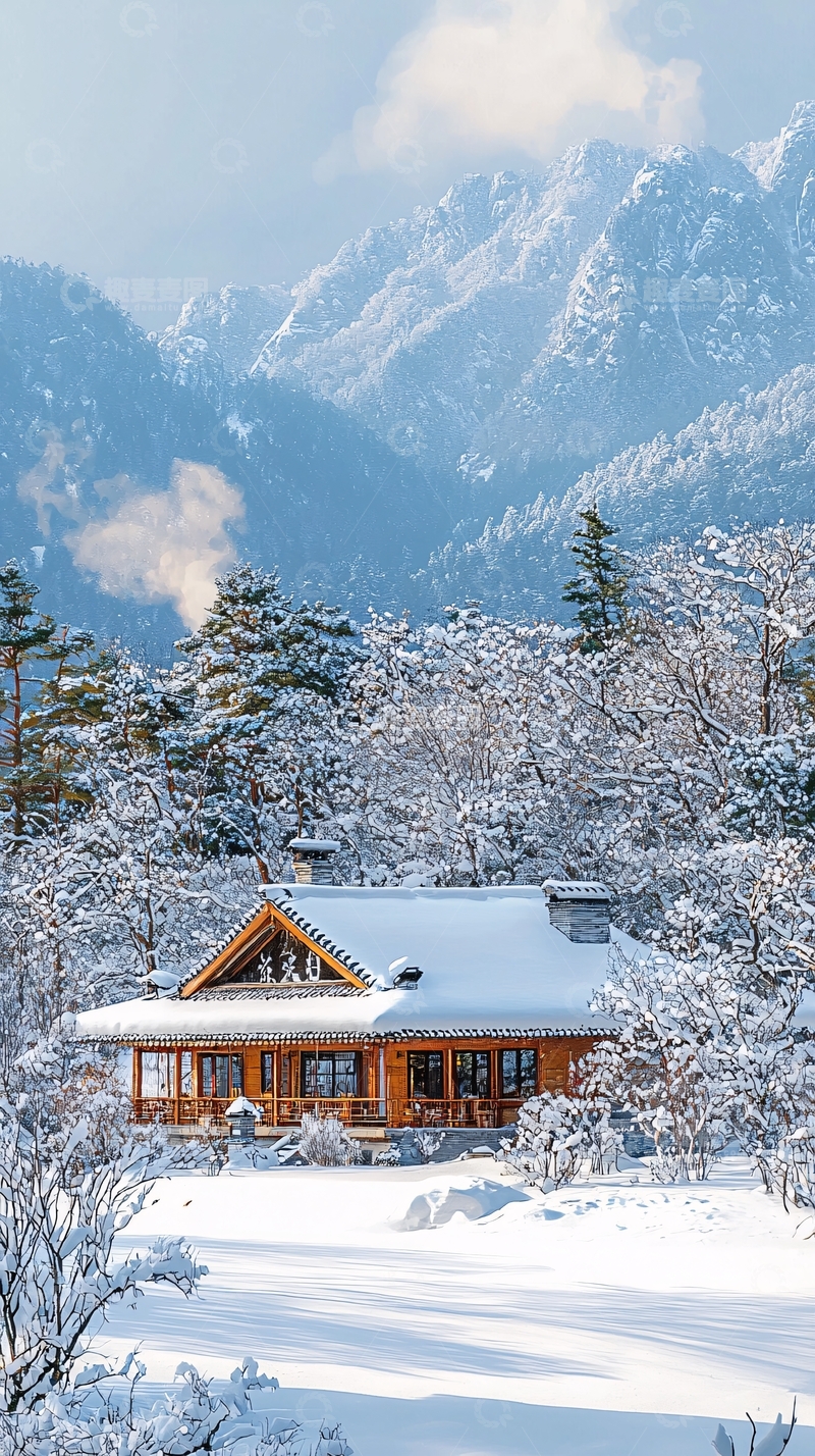 高清大图下载【趣麦麦图】雪山下的木屋