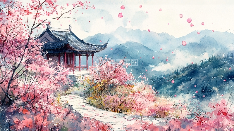 高清大图下载【趣麦麦图】水墨风樱花山水亭台楼阁