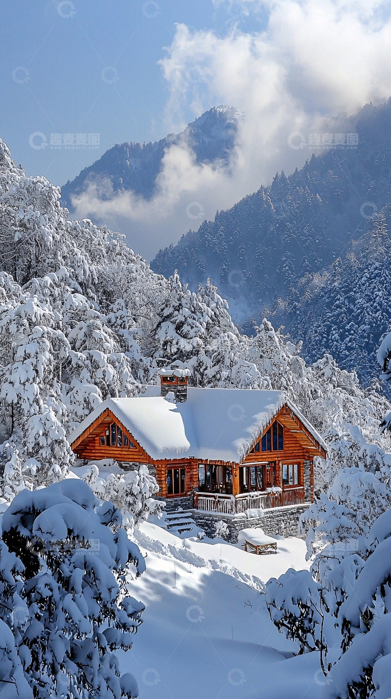 高清大图下载【趣麦麦图】雪山木屋