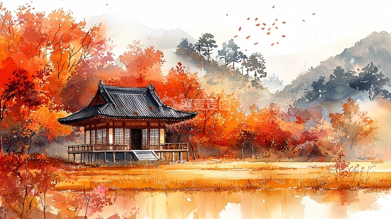 高清大图下载【趣麦麦图】秋日红叶水墨画古建筑