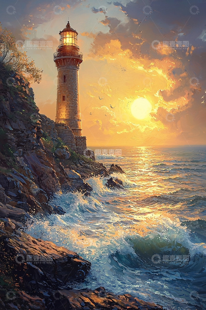 高清大图下载【趣麦麦图】海边灯塔日落美景