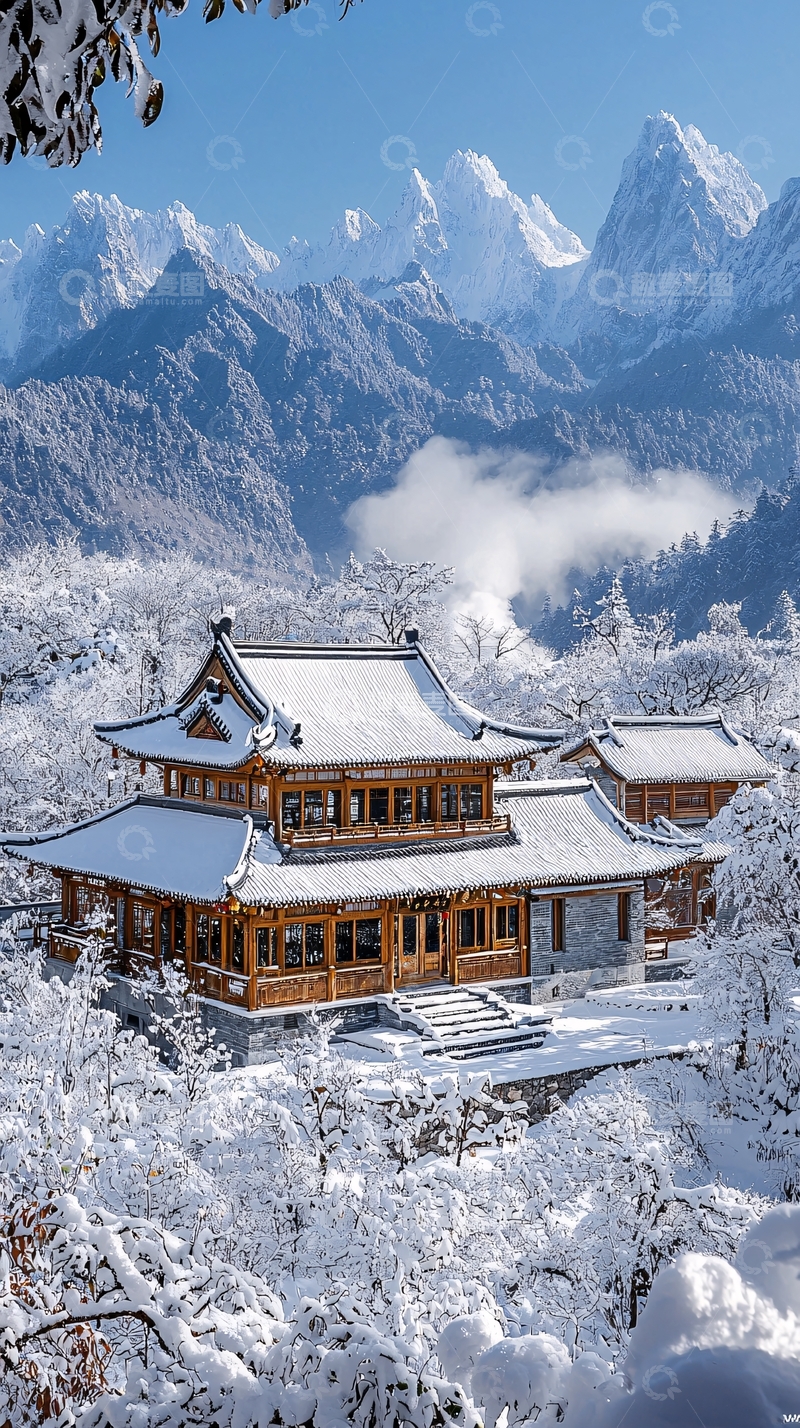 高清大图下载【趣麦麦图】雪山下的木屋