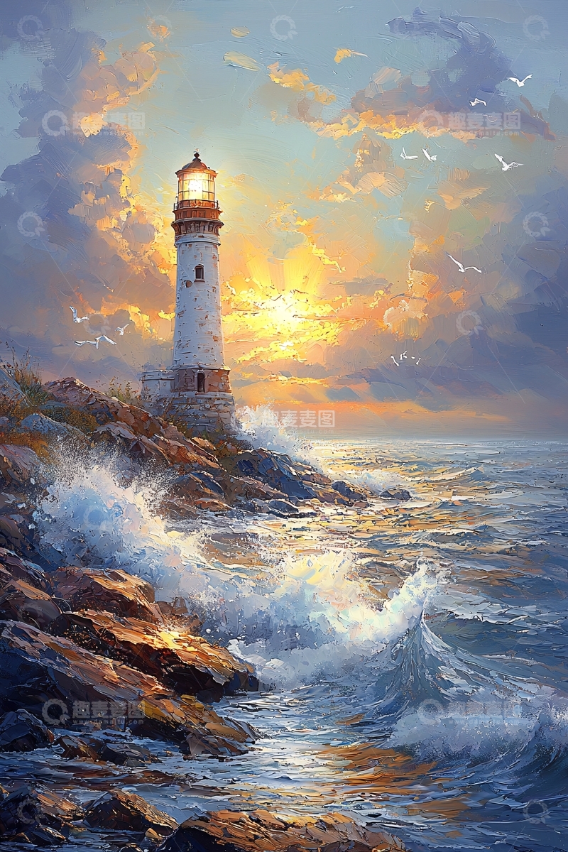 高清大图下载【趣麦麦图】日落海景灯塔