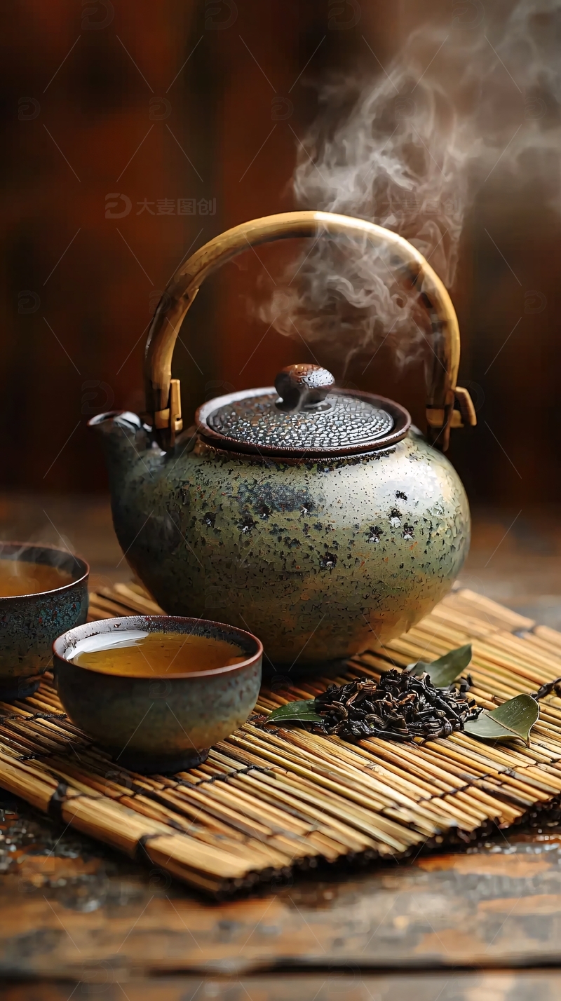 高清大图下载【趣麦麦图】热气腾腾的茶壶和茶杯