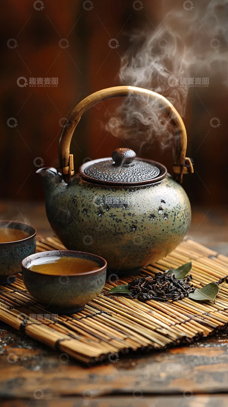 高清大图下载【趣麦麦图】热气腾腾的茶壶和茶杯