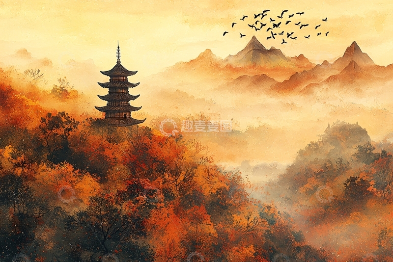 高清大图下载【趣麦麦图】水墨风山水塔
