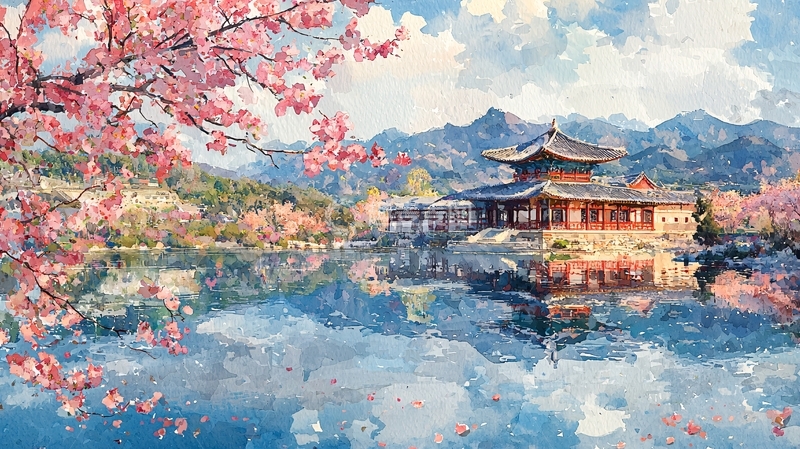 高清大图下载【趣麦麦图】樱花盛开的韩国古建筑
