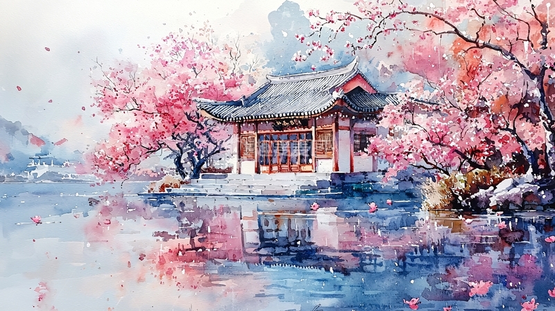 高清大图下载【趣麦麦图】水墨风桃花小院