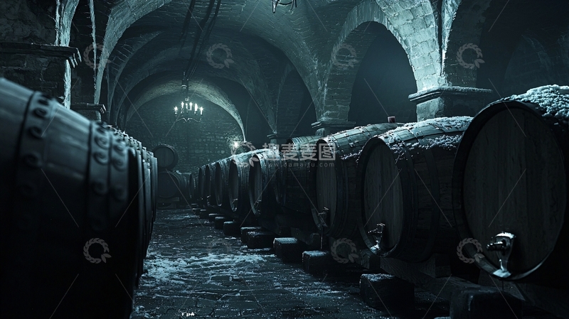 高清大图下载【趣麦麦图】昏暗酒窖里排列的橡木酒桶