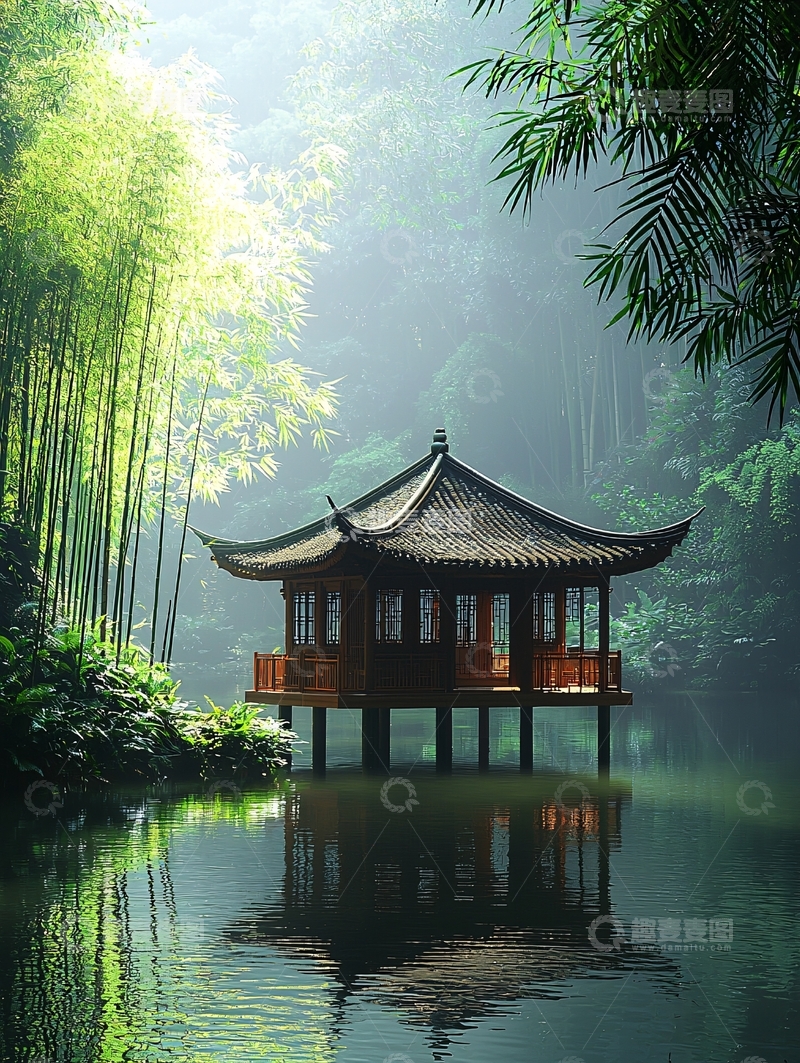 高清大图下载【趣麦麦图】湖中亭台楼阁