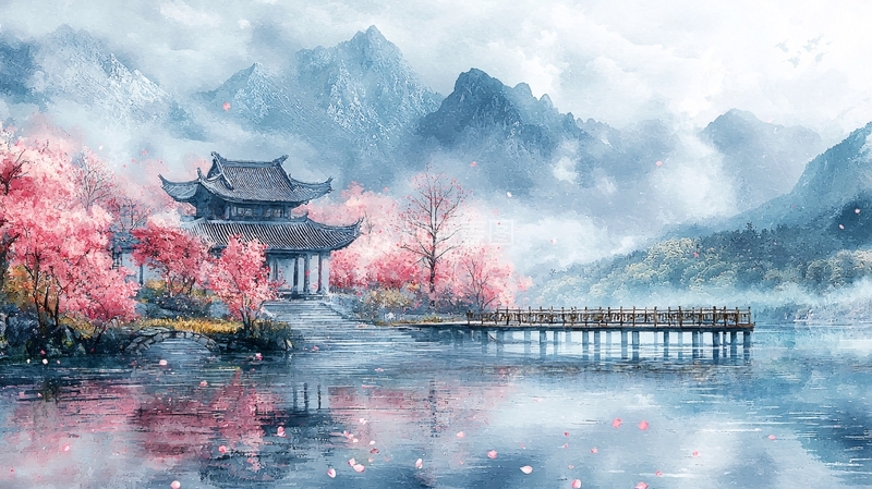 高清大图下载【趣麦麦图】山水桃花亭台楼阁如画