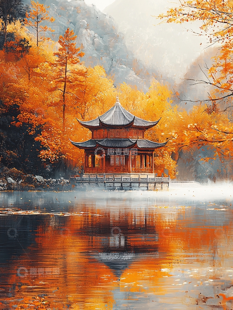 高清大图下载【趣麦麦图】秋日湖边古亭