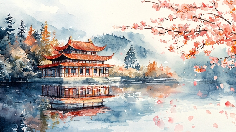 高清大图下载【趣麦麦图】水彩风湖边古建筑