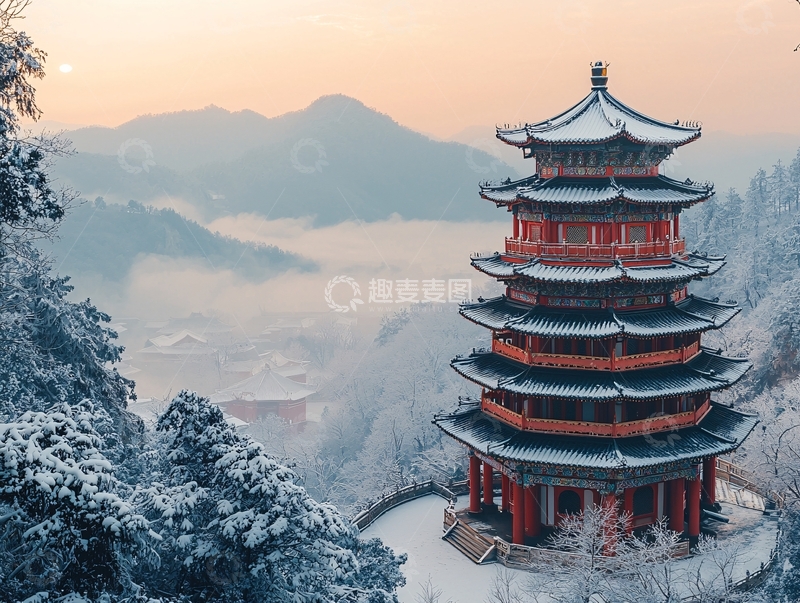 高清大图下载【趣麦麦图】雪景古塔