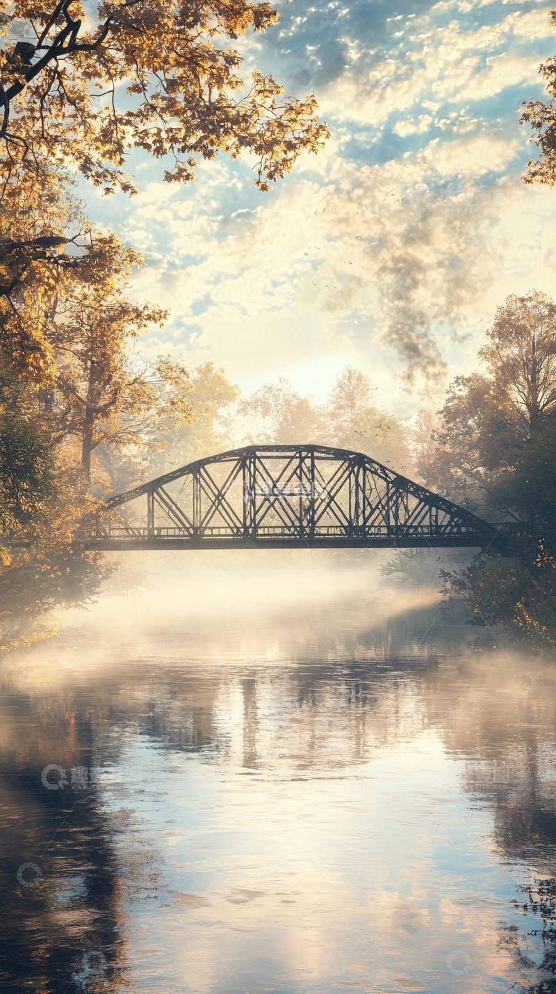 高清大图下载【趣麦麦图】秋日清晨雾气笼罩下的铁桥