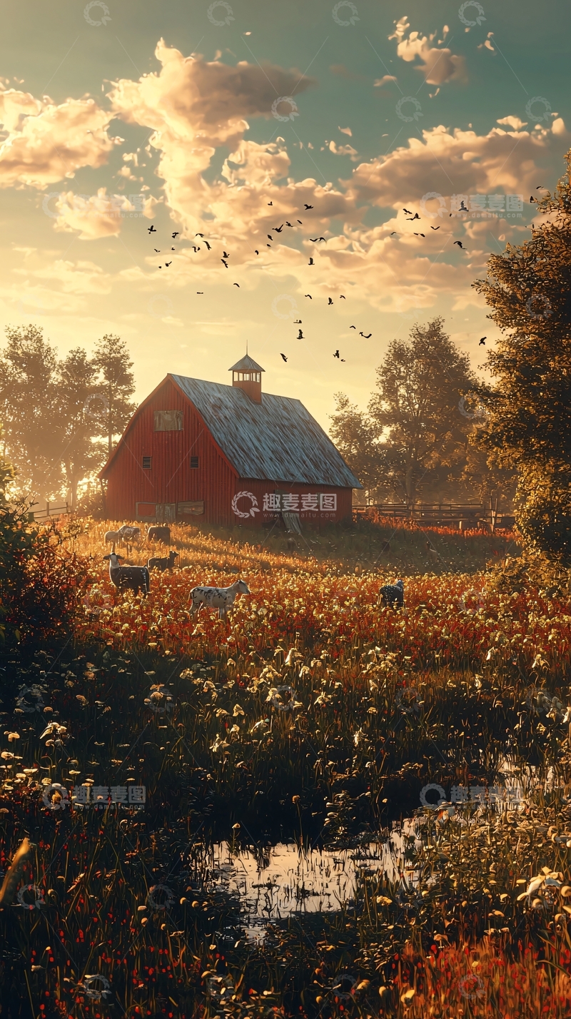 高清大图下载【趣麦麦图】夕阳下的红色农场小屋