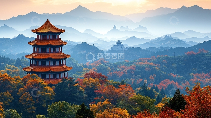 高清大图下载【趣麦麦图】古塔秋色层林尽染