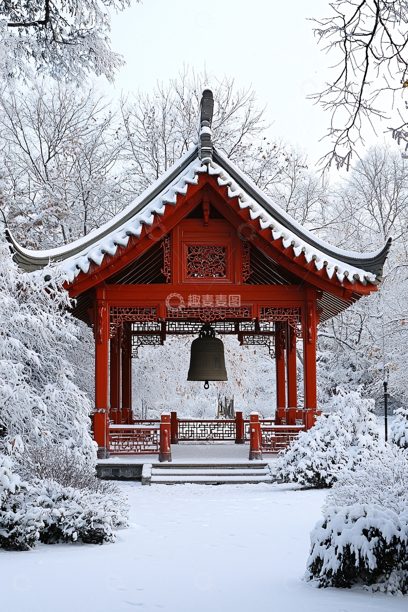 高清大图下载【趣麦麦图】雪中红色中式凉亭