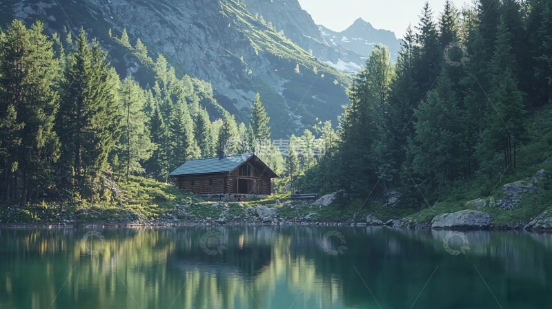 高清大图下载【趣麦麦图】山间木屋湖边倒影