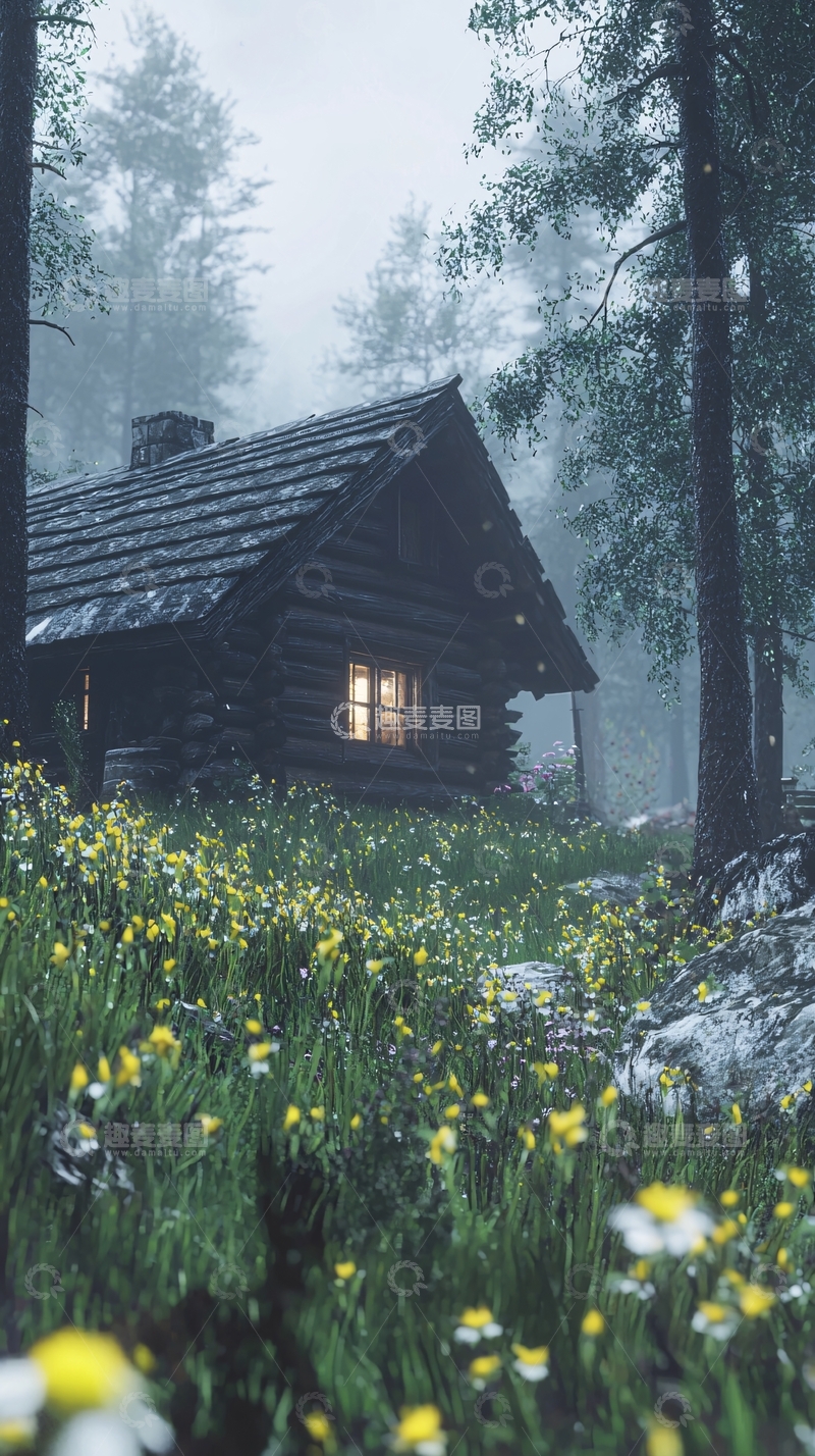 高清大图下载【趣麦麦图】雾气森林木屋
