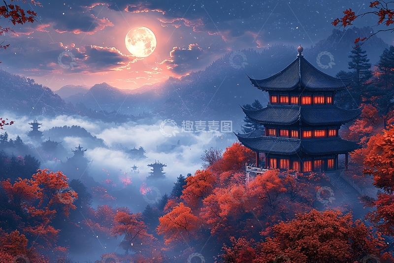 高清大图下载【趣麦麦图】秋夜山间古塔明月