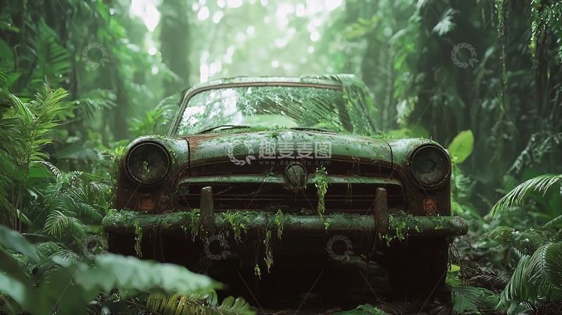 高清大图下载【趣麦麦图】废弃汽车被丛林吞噬