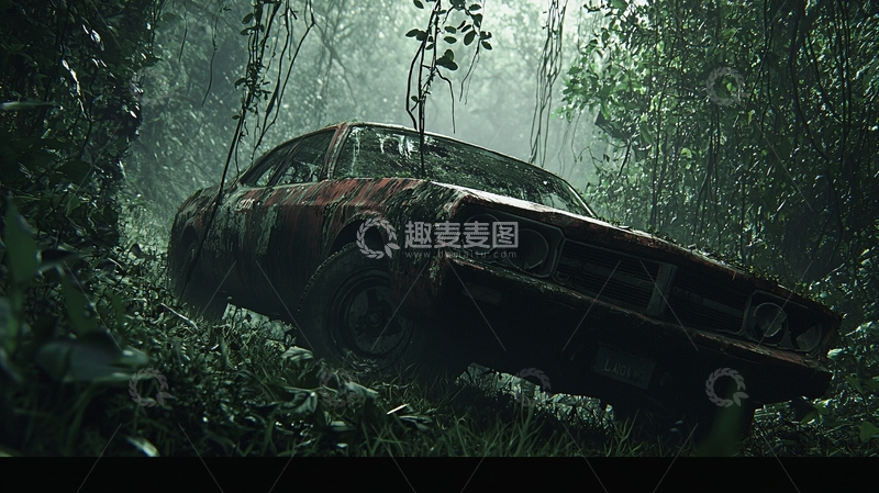 高清大图下载【趣麦麦图】废弃汽车丛林深处