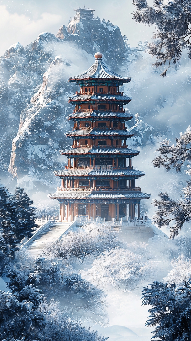 高清大图下载【趣麦麦图】雪景下的木塔