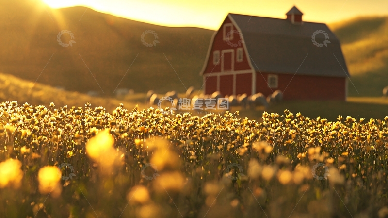 高清大图下载【趣麦麦图】日落下的红色谷仓和羊群