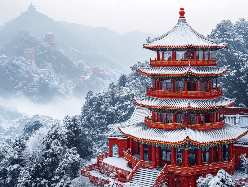 高清大图下载【趣麦麦图】雪景下的红塔