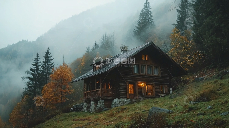 高清大图下载【趣麦麦图】雾气山林木屋