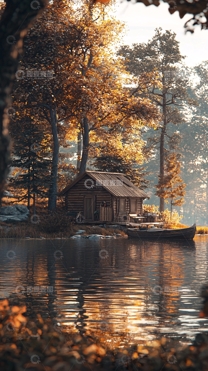 高清大图下载【趣麦麦图】秋日湖边木屋