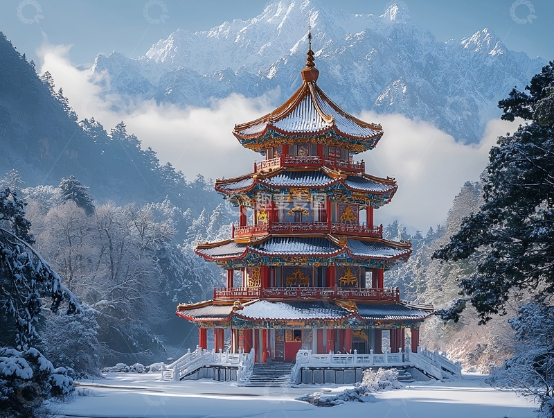 高清大图下载【趣麦麦图】雪景古塔