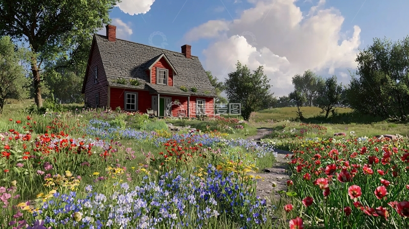 高清大图下载【趣麦麦图】红房子鲜花盛开的田园