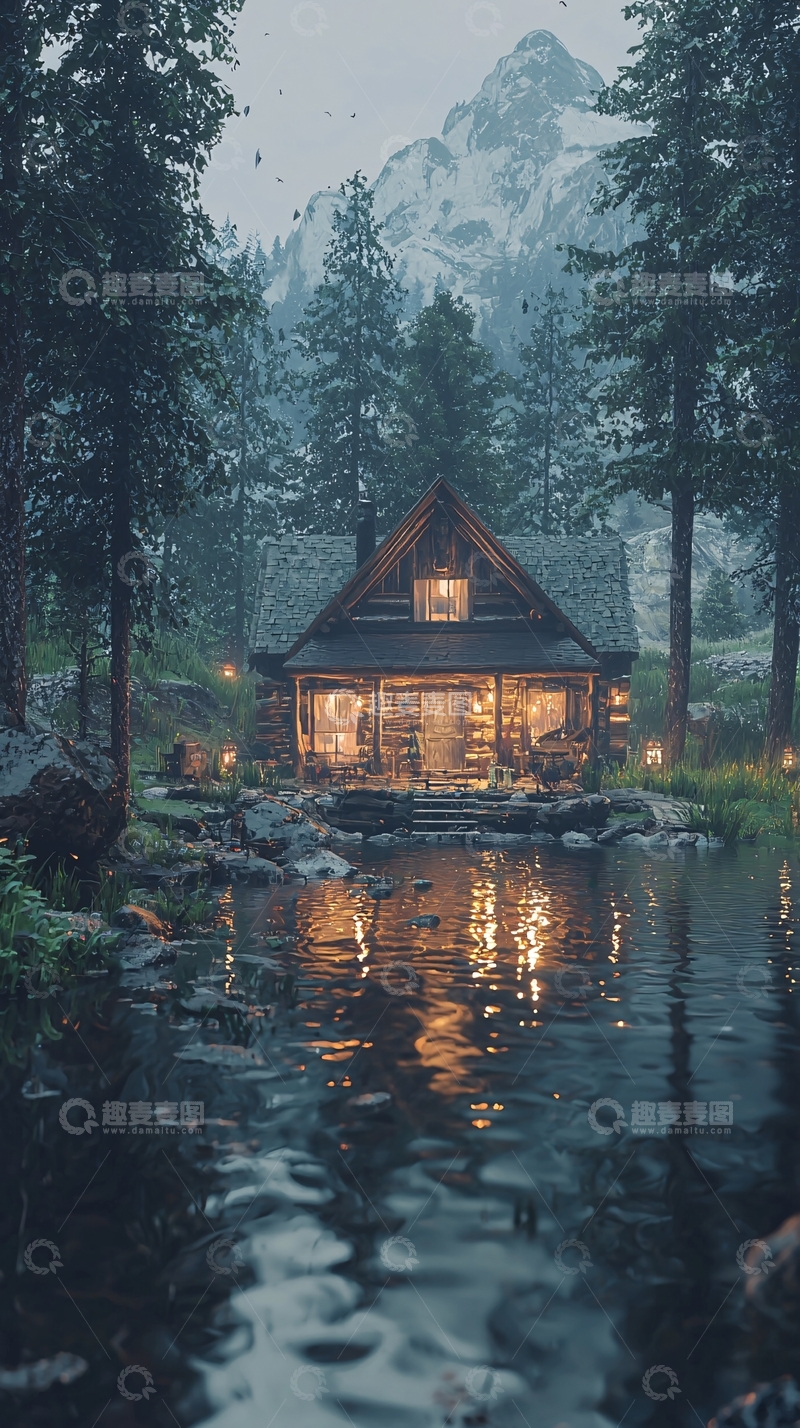 高清大图下载【趣麦麦图】山林小屋夜景