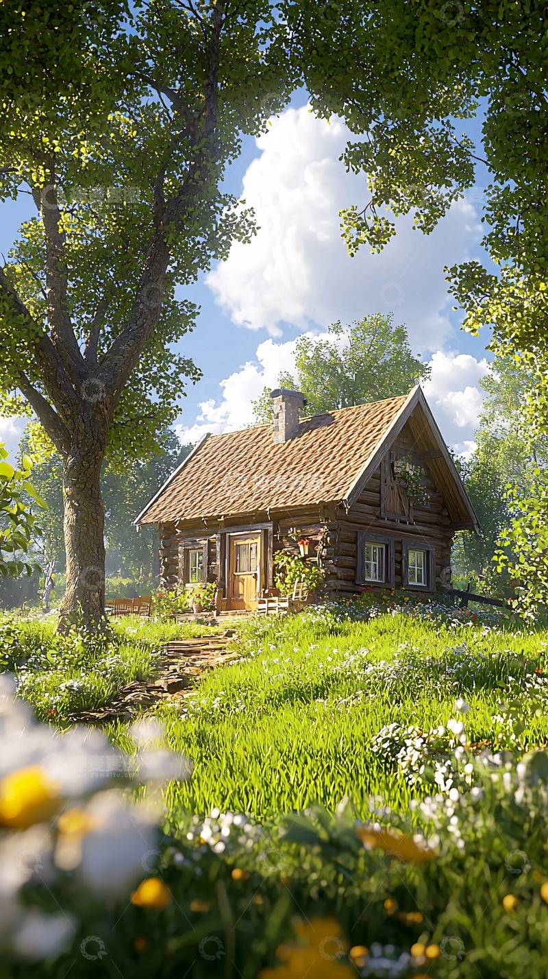 高清大图下载【趣麦麦图】阳光下木屋田园风光