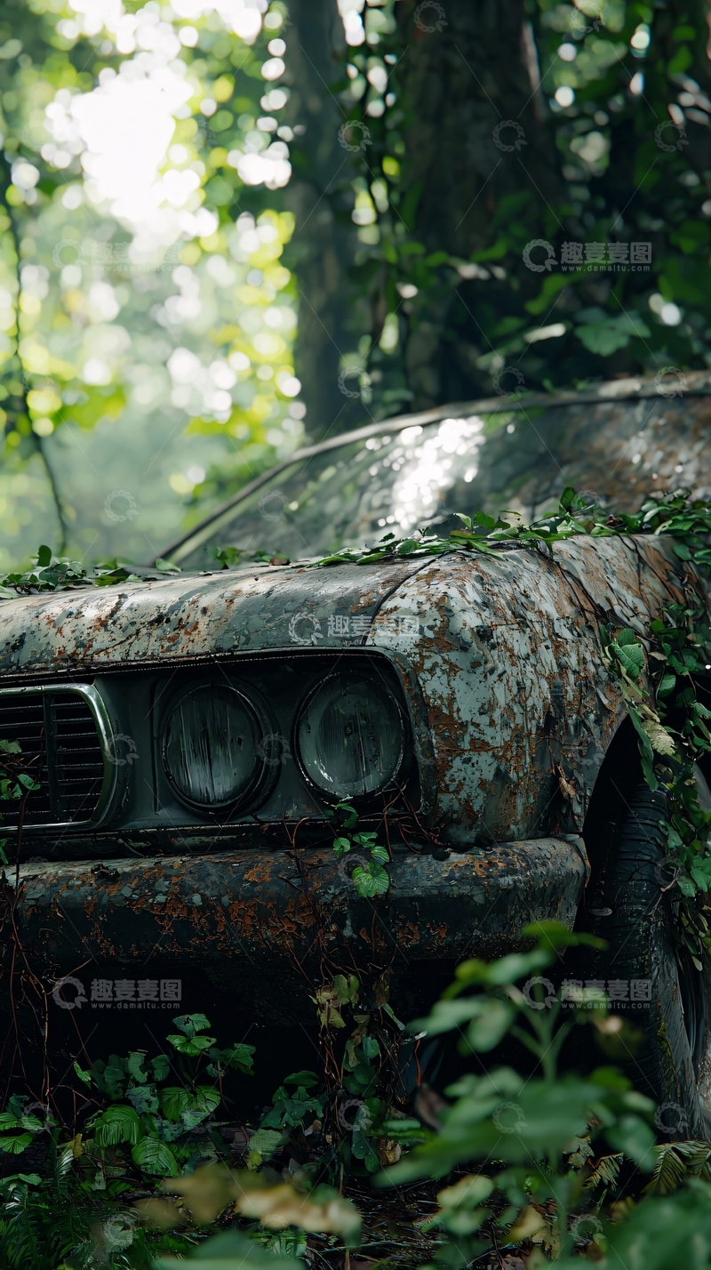 高清大图下载【趣麦麦图】荒废丛林老旧汽车
