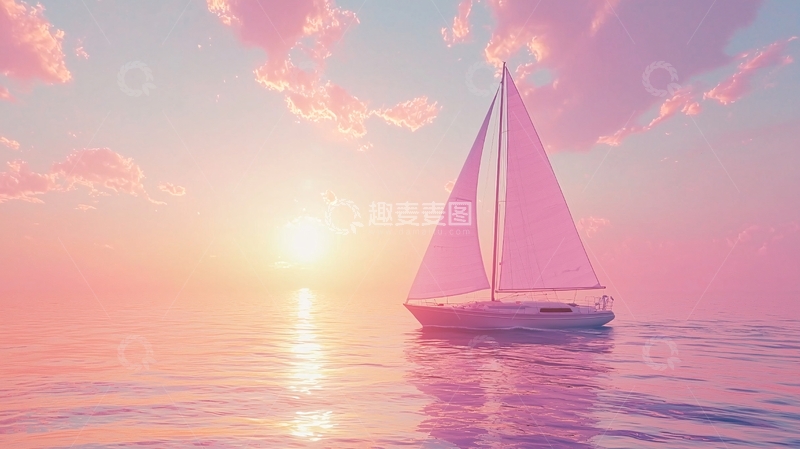 高清大图下载【趣麦麦图】粉色夕阳下帆船
