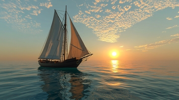 夕阳下航行的帆船